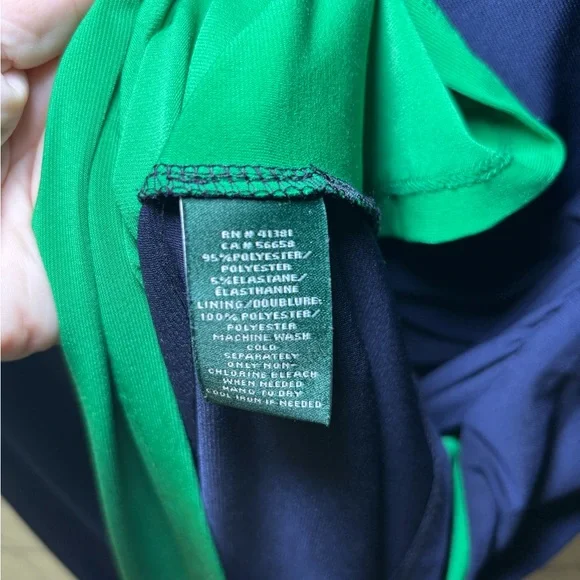 Lauren Ralph Lauren Dress Size 14 Navy Green Midi Ruched Sheath Classic Luxury - Picture 10 of 11